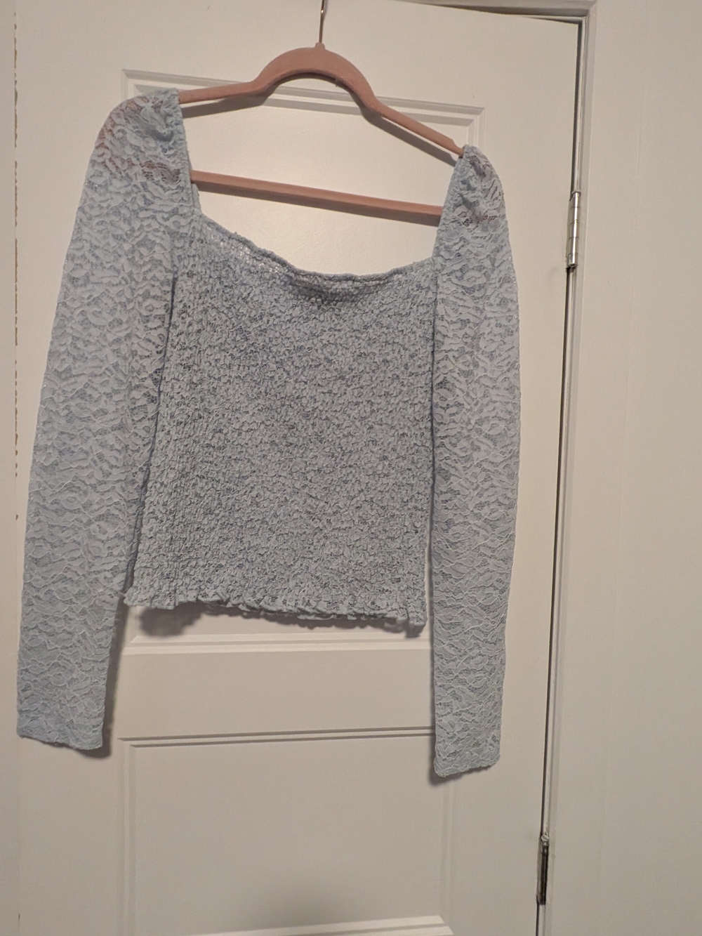 Revamped Light Blue Off-Shoulder Lace Smocked Sweater